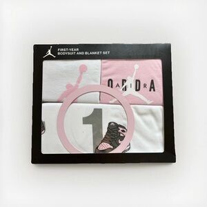NWT First-year Jordan 4-Piece Set, Bodysuits And Blanket, Pink & White